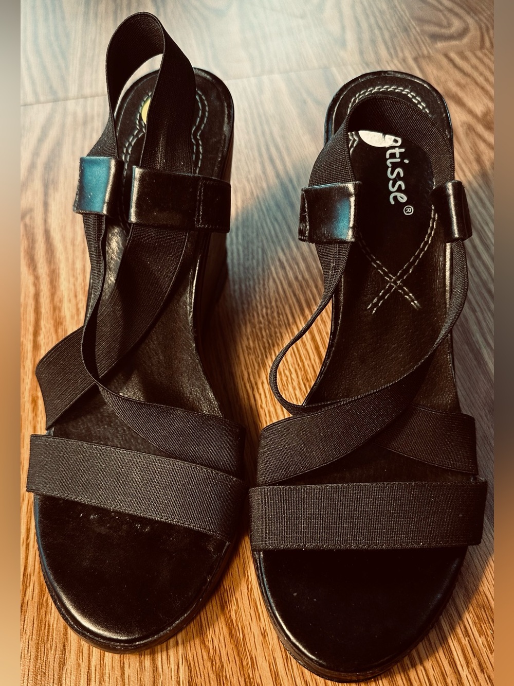 Matisse Black Leather Sole, Elastic Strappy  Wedge Sandals, 4.5" heel. EUC Sz 10